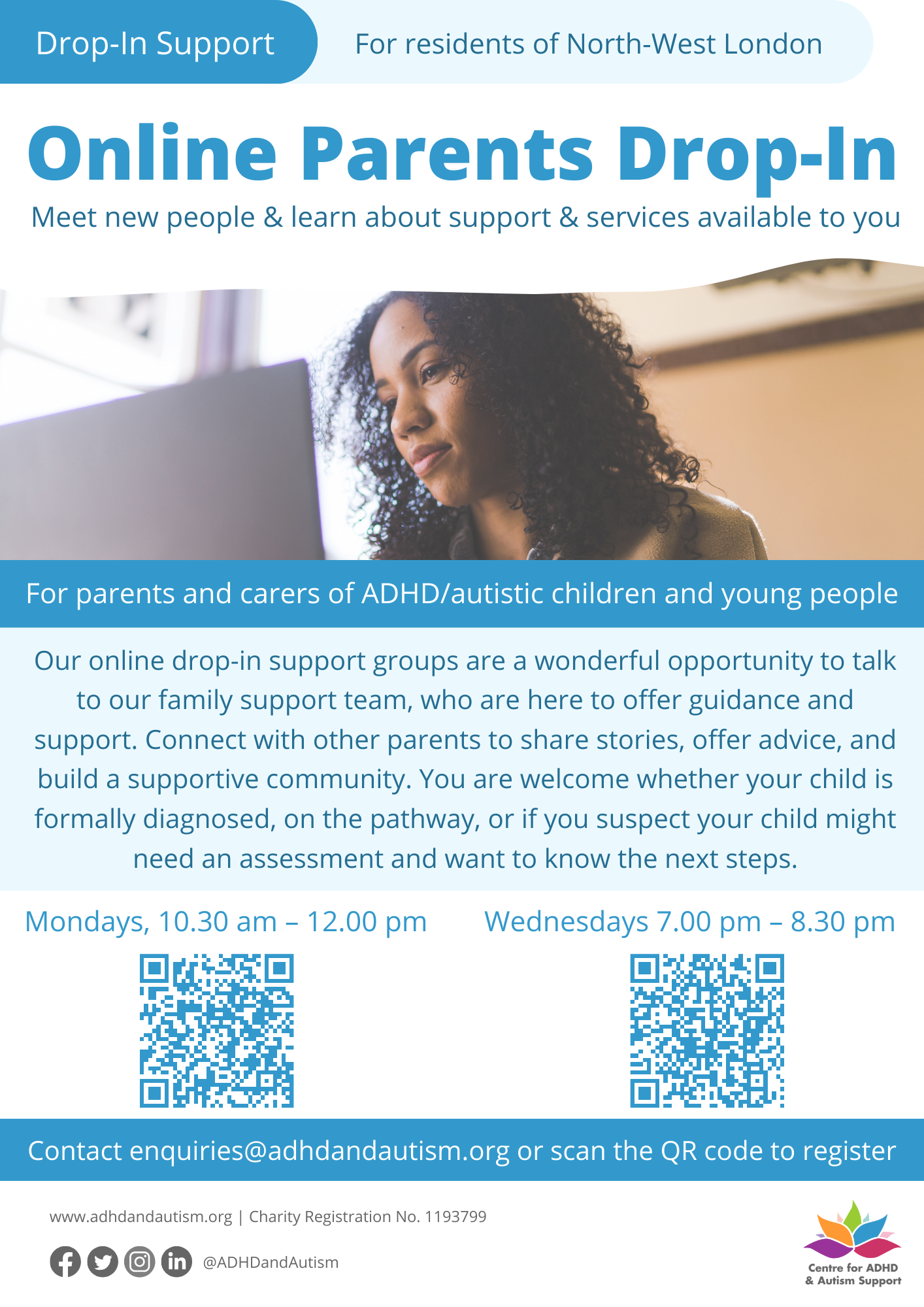 The Poster with the scanable QR codes for the Online Drop-In sessions